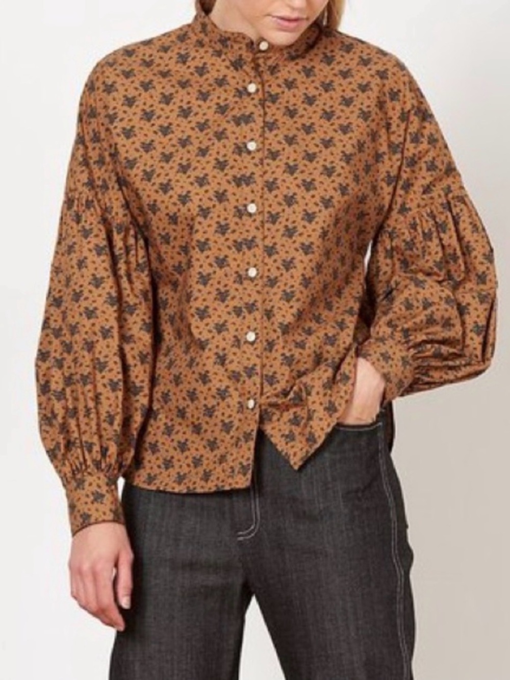 No. 6 Store Spencer Cotton Poplin Shirt Brown Navy Floral Cottagecore USA Made S